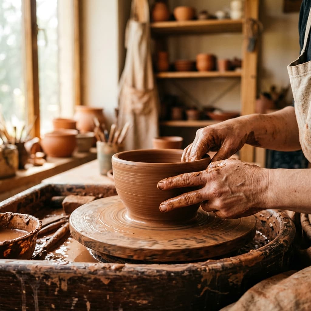 Mani di un artigiano che lavorano l'argilla su un tornio
